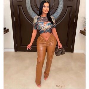 PoshByV Honey Leather Pants V Shape Cargo Pant Tan Camel Faux
